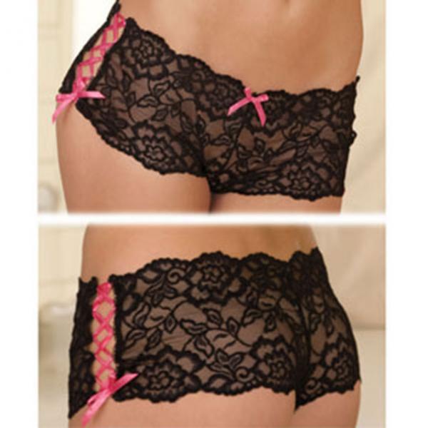 Rene Rofe Crotchless Lace Side Tie Boyleg Panty Black S/M