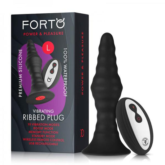 Forto Vibrating Ribbed Plug W/remote  Large Blk